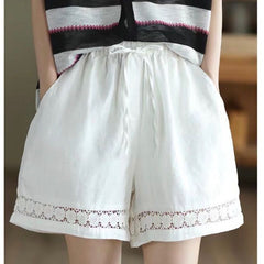 Thin Elastic-Waist Lace-up Hollowed-Out Casual Cotton-Linen Straight Pants