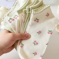 Cute Tulip & Cherry Print Ankle Socks, Coquette Green Ruffle Trim Socks, Women's Sweet Floral Knit Socks For Daily Wear & Preppy Style