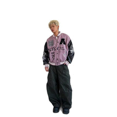 American-style Letter-embroidered Color-block Baseball Jacket For Men