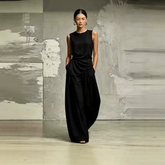 Womens Round-Neck Loose Sleeveless Top And High-Waist Pants Two-Piece Set