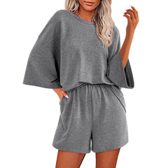 Solid-color Crewneck Short-sleeve Top And Elastic-waist Shorts Two-piece Set