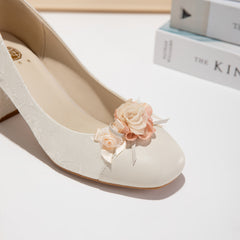 White Floral Block Heel Pumps, Elegant Square Toe Jacquard Women's Dress Shoes