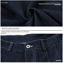 Men's High Waist Wide Leg Cut Off Denim Shorts - Blue Pleated Straight Fit Cotton Blend Jeans for Spring and Autumn