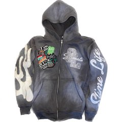 Hooded Cardigan Jacket Embroidered Print Mens Sweatshirt