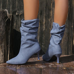 New French Style Retro Denim Pointed Toe Stiletto Heel Ankle Boots For Women, Pleated, Slim & Versatile Fashion Boots
