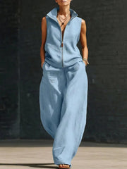 Sleeveless Stand Collar Zippered Linen Cotton Two-Piece Set