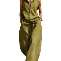 Sleeveless Stand Collar Zippered Linen Cotton Two-Piece Set