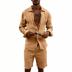 Men's Linen Casual Loose-Fit Long-Sleeve Shirt And Shorts Set