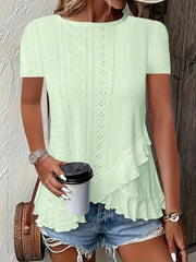 2026 European And American Amazon Summer New Women's Fashion Plus-Size Asymmetrical Ruffled Hem Short-Sleeve Top