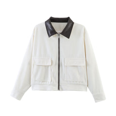 Women's Casual Corduroy Patchwork Leather-Trimmed Jacket Coats