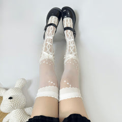 Lolita Over-the-knee Stockings, Sweet Bow With Cross Lace, White Silk Stockings For Girls, Thin Style For Summer