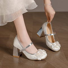Rivet Flower Thick Heel Mary Jane Shoes Sweet Wind Light Luxury High Heels