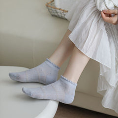 Summer Thin Versatile Spring Summer Girl Blue Japanese Socks Children's Thin Hollow Out Small Floral Boat Socks College Style