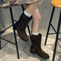 Genuine Leather Mid-calf Vintage Straight-leg Riding Single-layer Boots