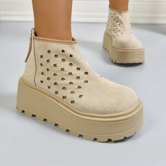 Women's Perforated Platform Ankle Boots, Back Zipper Breathable Wedge Booties, Casual Chunky Sole Cutout Boots