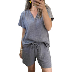 Womens Casual V-Neck Pullover Short-Sleeve Top And Shorts Set