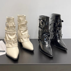 High-heeled Elegant Shaft-style Studded Belt-buckle Fashion Ankle Boots