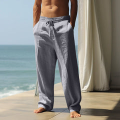 Independent Site European And American Men's Linen Mid-Waist Solid Color With Drawstring