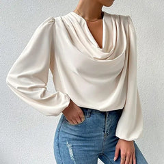 Textured Chiffon Long-sleeve Shirt With Draped Balloon Sleeves
