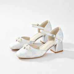 Light Blue Jacquard One-piece Platform High-heeled Women's Shoes. Oriental Beauty Pearl Buttoned Square-toe Hollow High-heeled Shoes. Elegant Versatile Single Shoes. Elegant Formal And Casual Shoes Fo