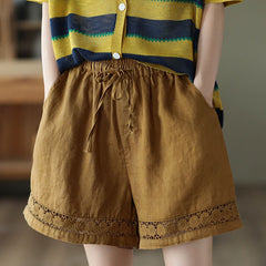 Thin Elastic-Waist Lace-up Hollowed-Out Casual Cotton-Linen Straight Pants
