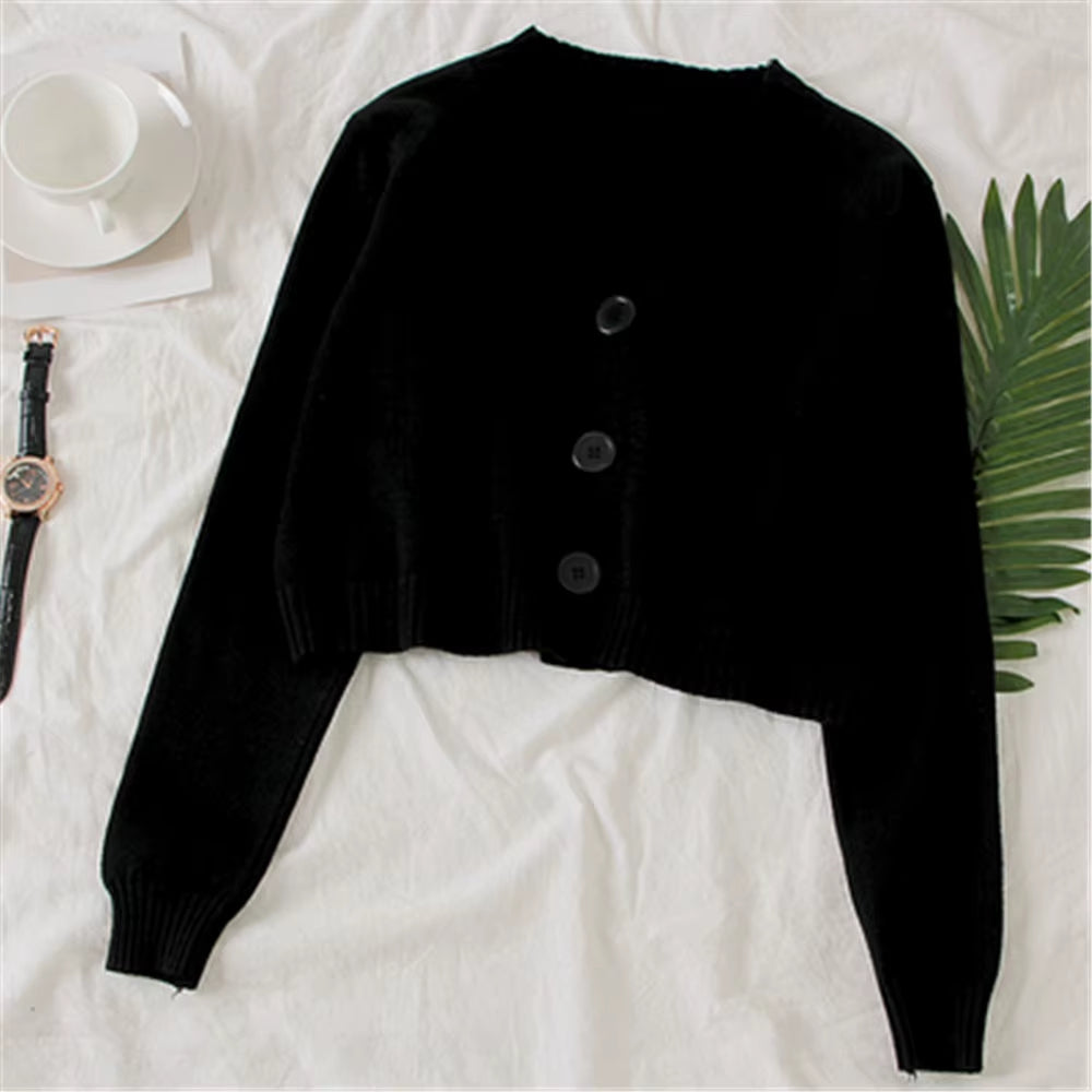 Women'S Cropped Cardigan Sweaters Female Black White Short Sweater V Neck Single Breasted Sweater Woman Knitted Cardigan Tops