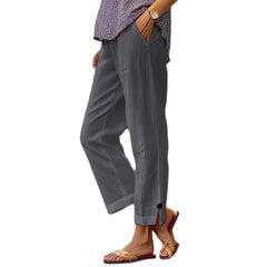 Cotton And Linen Loose Pure Color Elastic Waist Pocket Straight Casual Pants