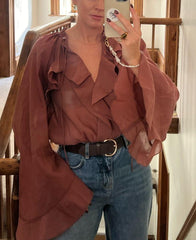 Ruffle-trimmed Lace-up Shirt Elegant Top For Women