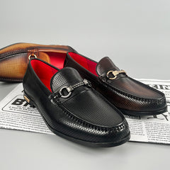 Business-casual Leather Shoes Fashionable Horsebit Buckle Design Summer Hollow-out Style