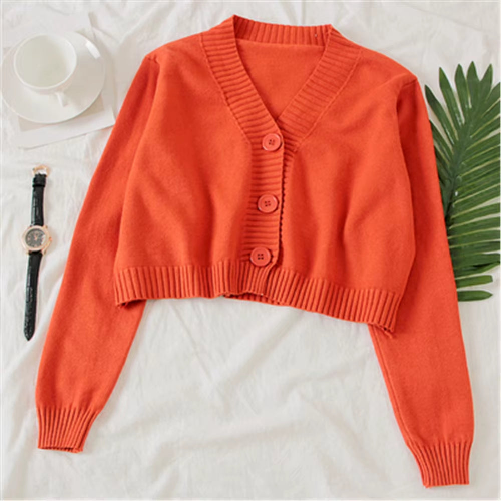 Women'S Cropped Cardigan Sweaters Female Black White Short Sweater V Neck Single Breasted Sweater Woman Knitted Cardigan Tops