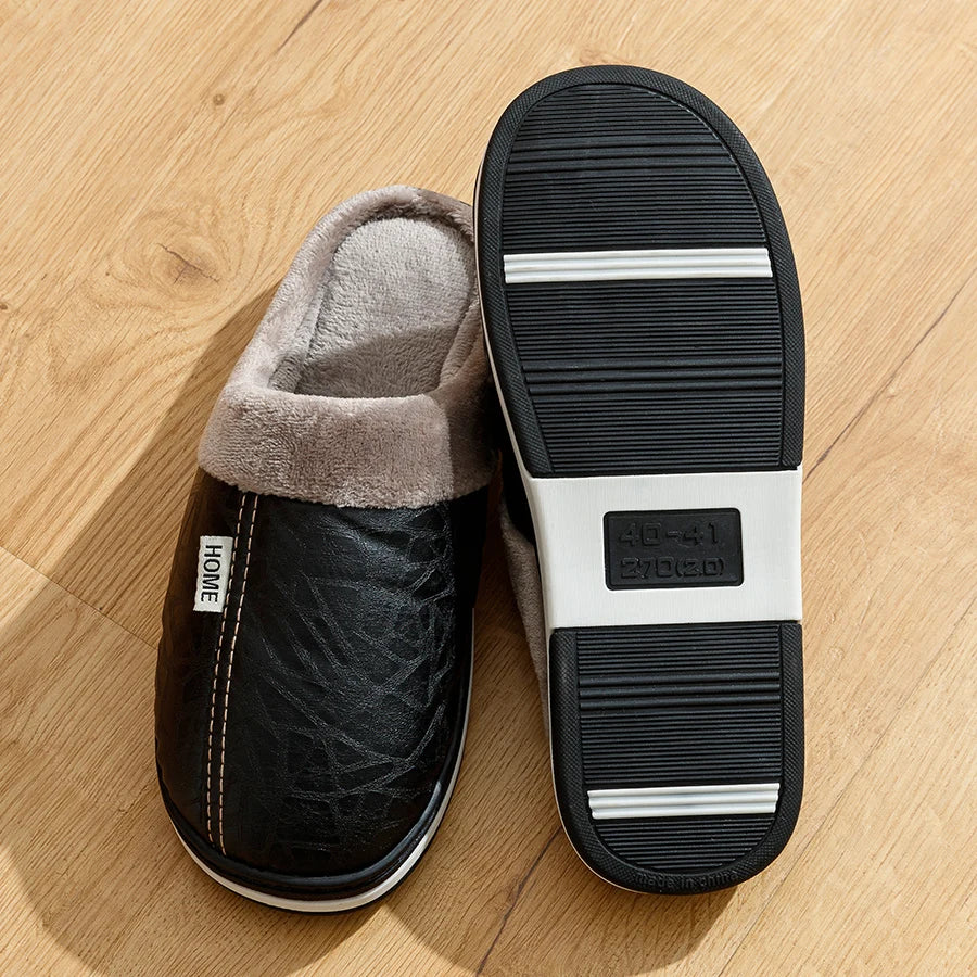 Big Size Winter Casual Men'S Slippers Indoor Waterproof PU Leather Home Shoes Fur Flat Warm Fashion Bedroom Houseshoes