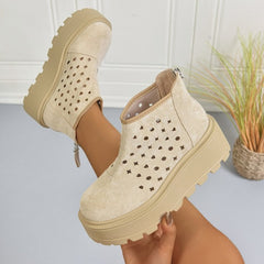Women's Perforated Platform Ankle Boots, Back Zipper Breathable Wedge Booties, Casual Chunky Sole Cutout Boots