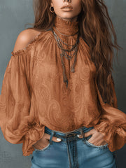Retro Cashew-print High-neck Off-shoulder Chiffon Blouse