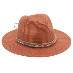 Single-color Fringed Dome-style Simple And Versatile Wide-brimmed Straw Hat Suitable For Vacation, Travel And Beach Use