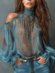 Retro Cashew-print High-neck Off-shoulder Chiffon Blouse