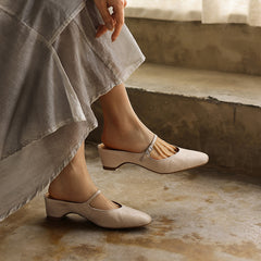 Women's Washed Full Grain Leather Mary Jane Mules, Low Heel Square Toe Slide Sandals