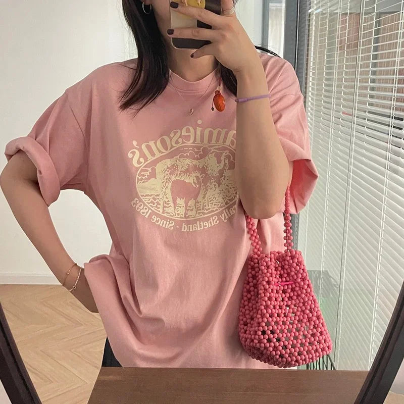 '-Green Letter Printing Tees for Women Loose Casual O-Neck Tops Female Clothing Half Sleeve Fashion Summer Hot Tshirt 2025