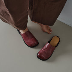 Women's Washed Full Grain Leather Mule Slides, Retro Round Toe Backless Closed-Toe Shoes