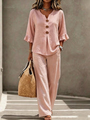 Womens V-neck Ruffle Three-Quarter Sleeve Top And Pants Two-Piece Set