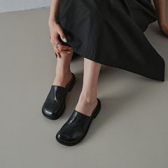 Women's Washed Full Grain Leather Mule Slides, Retro Round Toe Backless Closed-Toe Shoes