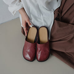 Women's Washed Full Grain Leather Mule Slides, Retro Round Toe Backless Closed-Toe Shoes