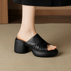 Soft Genuine Lambskin Ruched Block Heel Slides, Ladies Open-Toe Leather Mules
