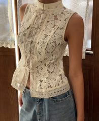 Fashionable Lace Crochet Stand Collar Slim-fit Sleeveless Shirt