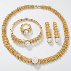 Vintage Jewelry Gold Hollow-Out Pearl Jewelry Four-Piece Set