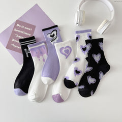 Y2K Purple Heart Print Crew Socks, Dripping Love Pattern Ribbed Knit Socks, Women's Gothic Kawaii Casual Socks For Streetwear & Preppy Style