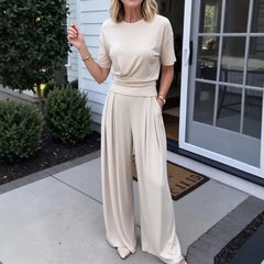 Womens Loose Crew-Neck T-Shirt And Wide-Leg Pants Two-Piece Set