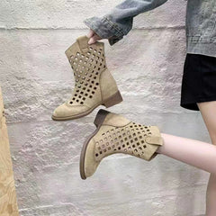 7cm Large Size Hollowed-Out Frosted Mesh Sandals Hole Mid-Calf Short Boots
