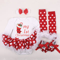 Christmas Newborn Baby Shoes Wearing Long Sleeve Dress
