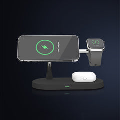 Multifunktionales 5-in-1-Ladegerät mit Magnetverschluss: kabelloses Laden für Smartwatch, Headset, Handy und Schreibtisch. Inklusive 15-W-Schnellladefunktion.