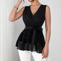 Women's New Lace-Up Beaded V-Neck Sleeveless Tank Top